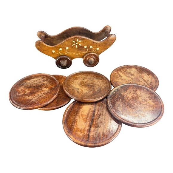 Vintage Wooden Wheel Cart Shape Tea Coffee Coaster Home Decorative Set 6 VTG - Picture 2 of 10